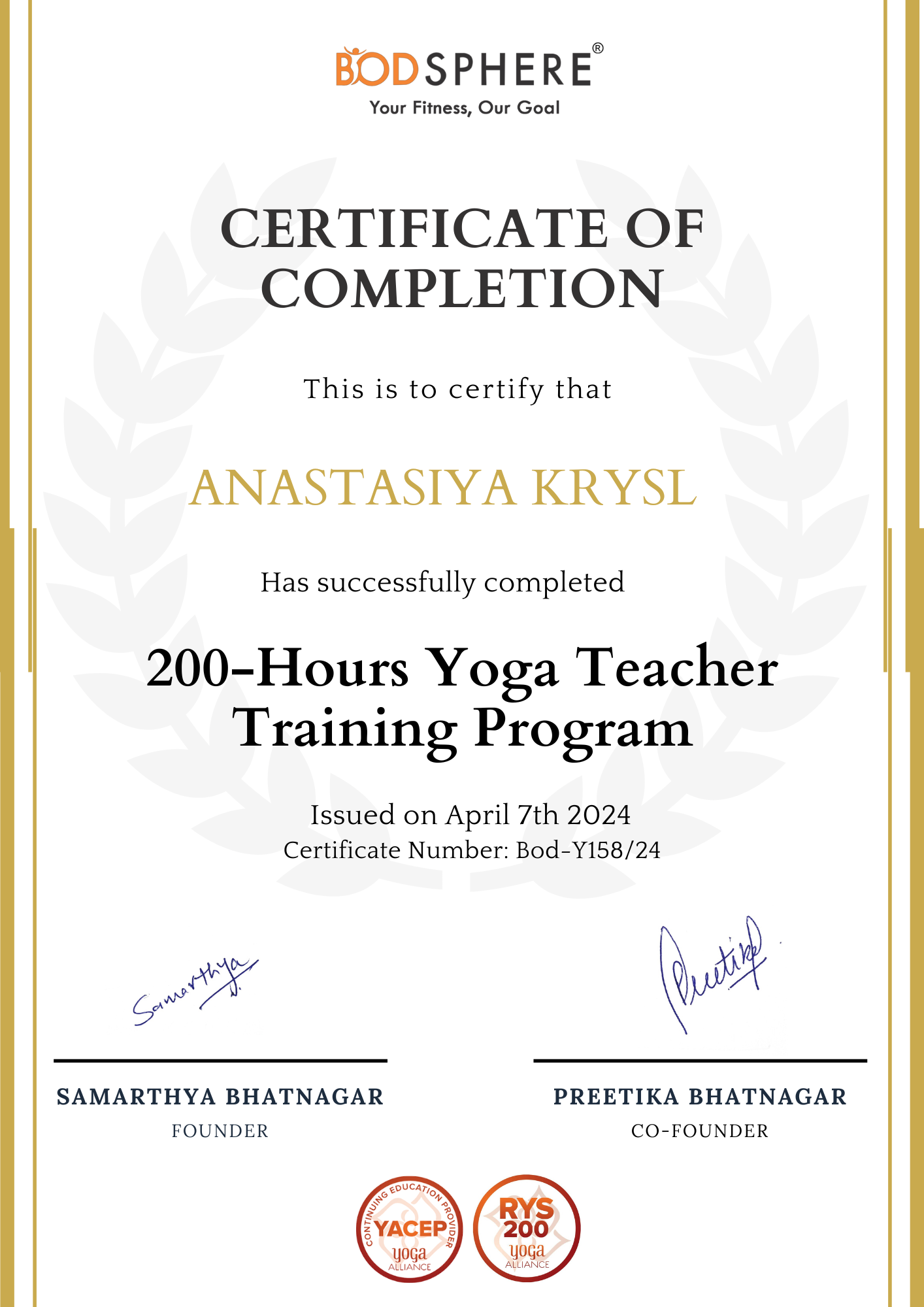 Bodsphere Zertifikat über 200 Stunden Yoga Teacher Training