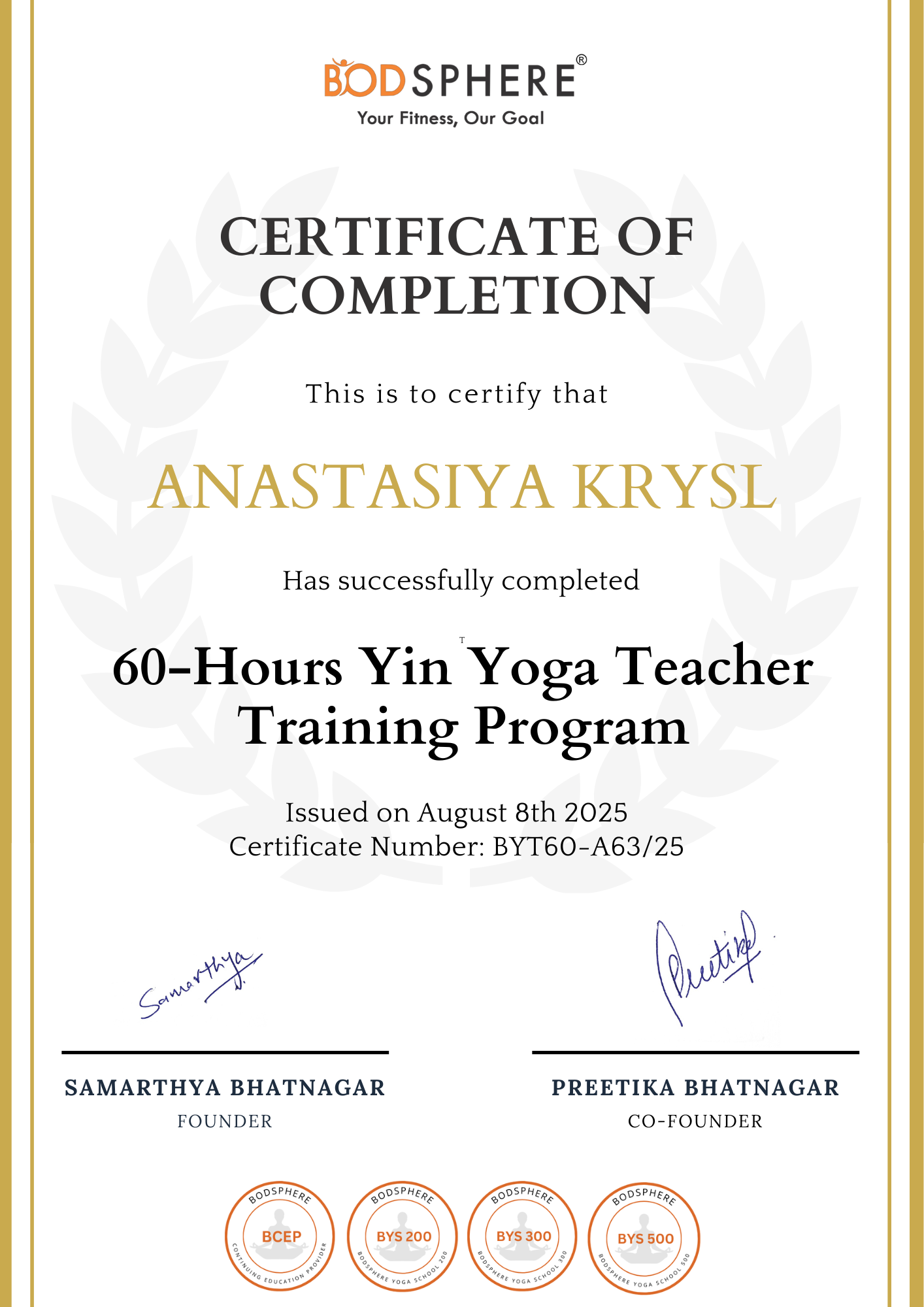 Bodsphere Zertifikat über 60 Stunden Yin Yoga Teacher Training